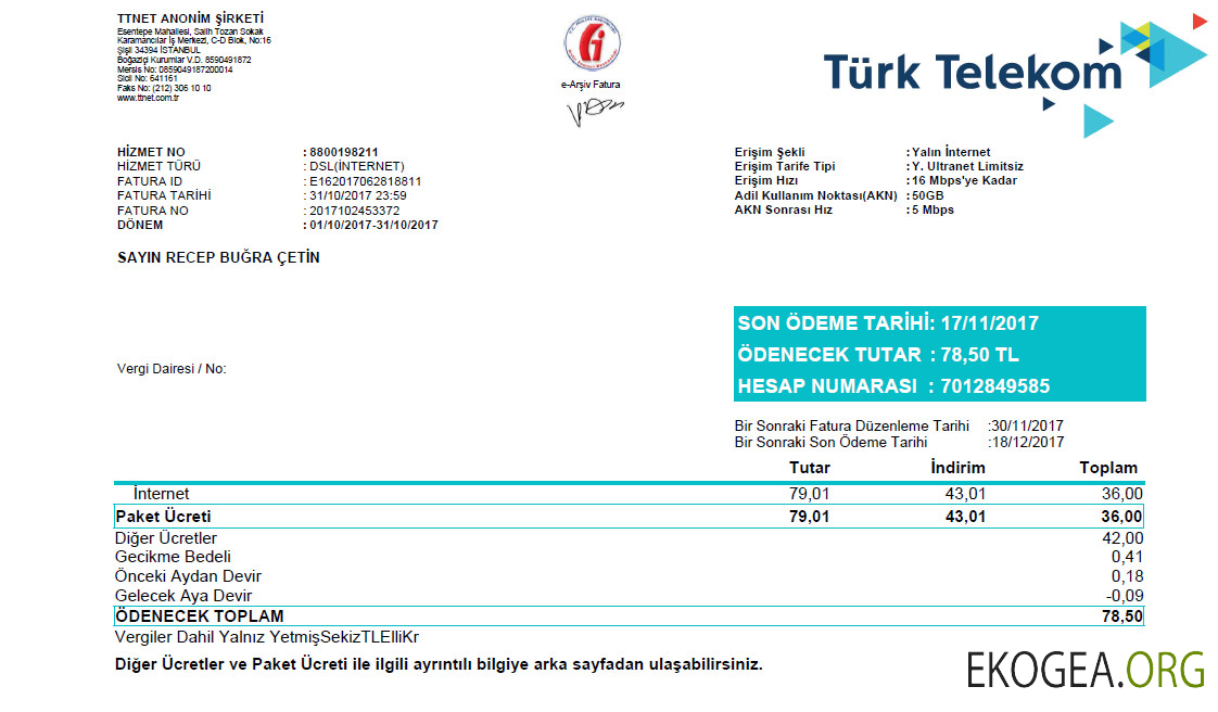 Turkey Turktelekom utility bill template in Word and PDF format, fully editable